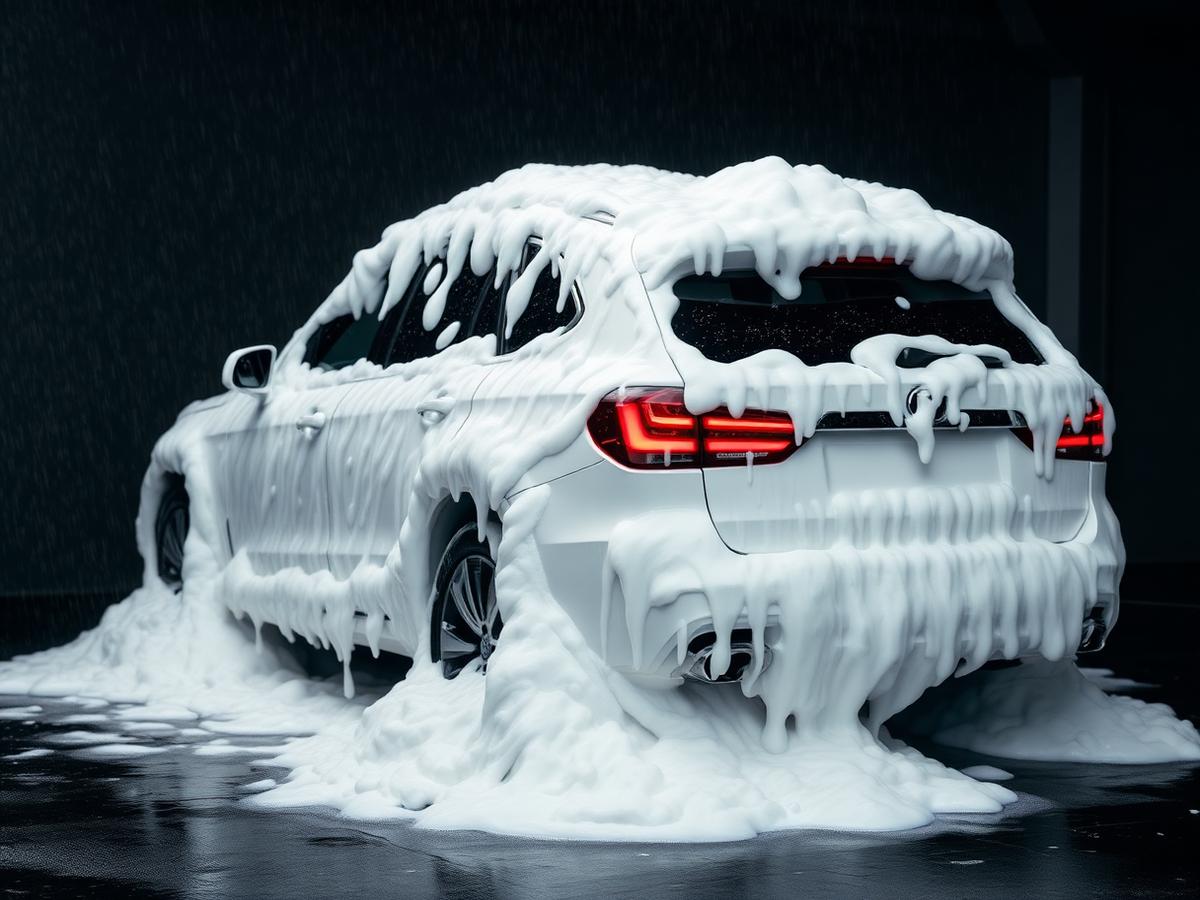 Exterior of a car covered in thick foam during a pressure wash